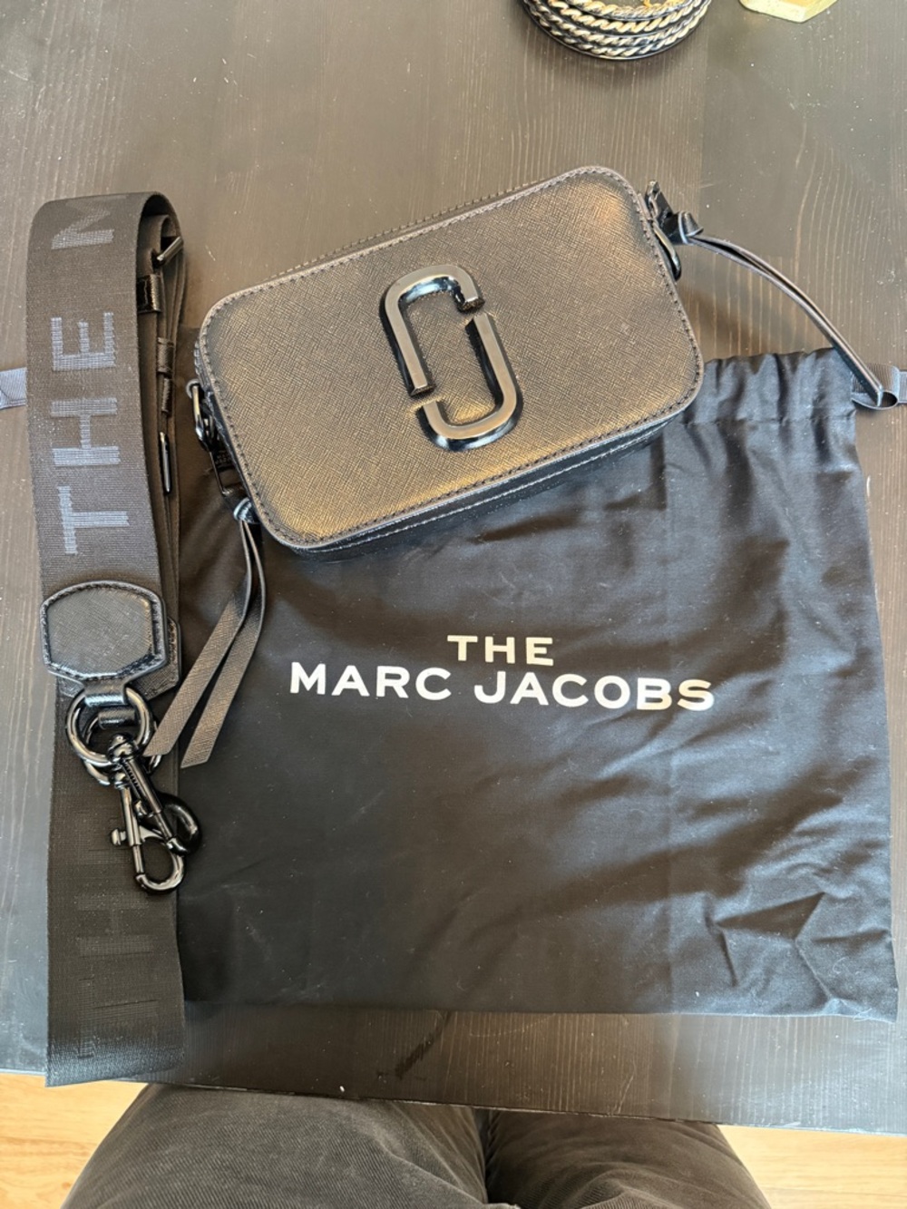Marc Jacobs Black Saffiano Leather Snapshot Camera Bag with Logo Strap